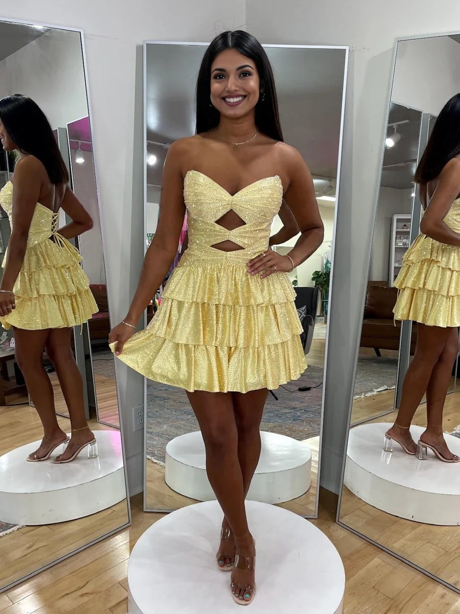 Yellow - A Line Sweetheart Satin Cut Out Ruffled Homecoming & Cocktail Dresses with Beads