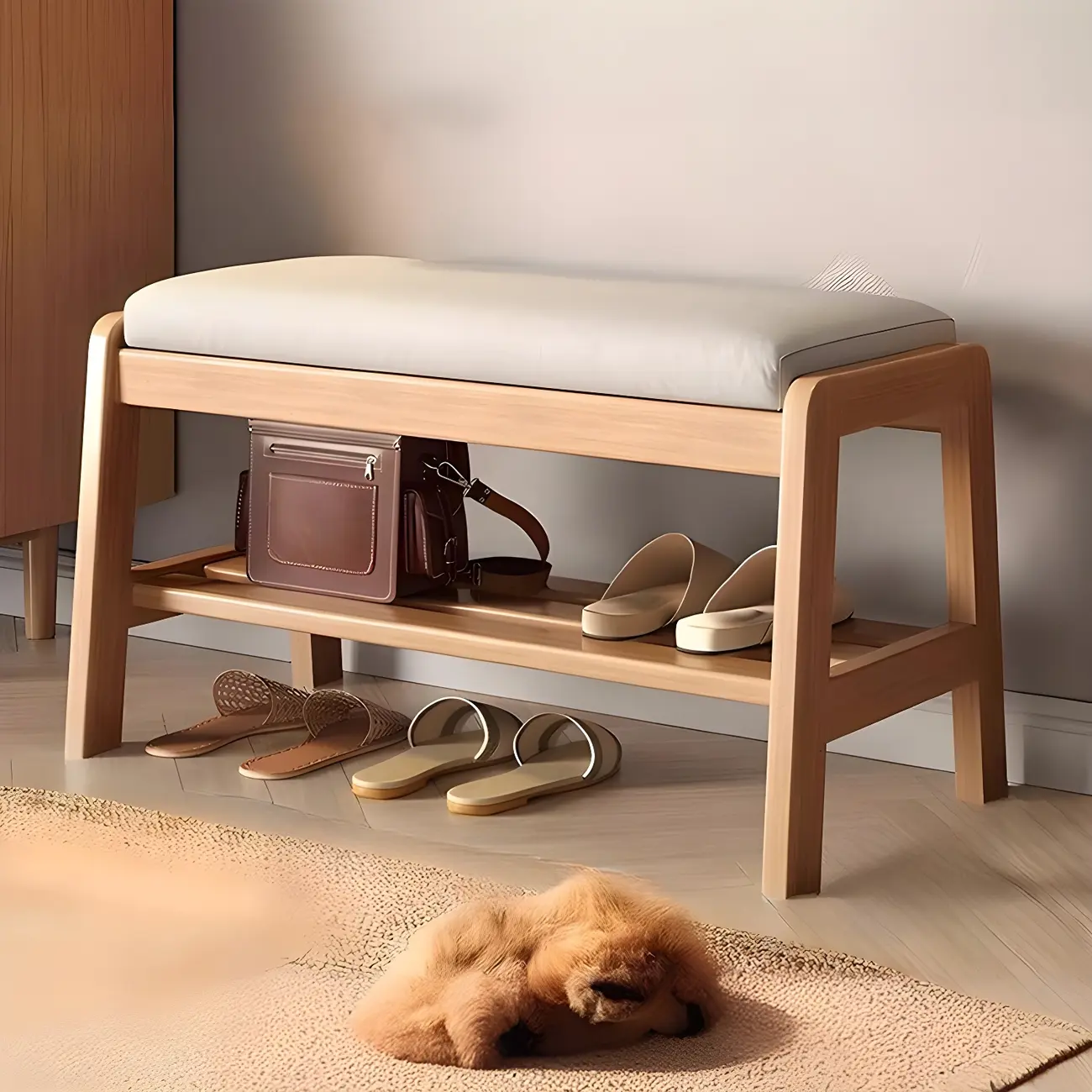 Entryway Solid Wood Cushioned Trapezoid Shoe Bench