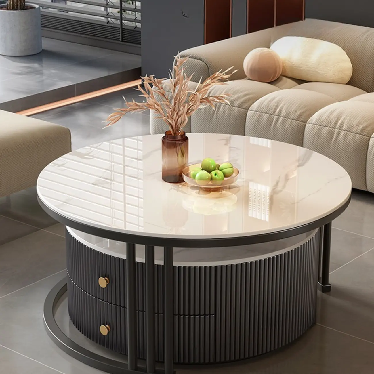 Modern White Round Nesting Coffee Table Set with Steel Base