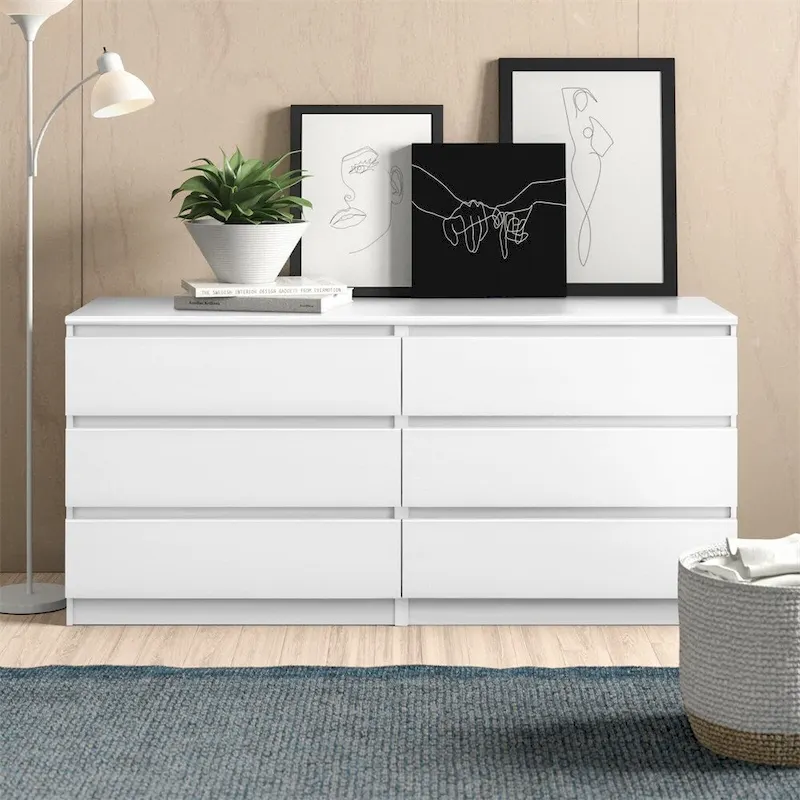 White 6-Drawer Double Dresser, Freestanding, 2-Person Assembly