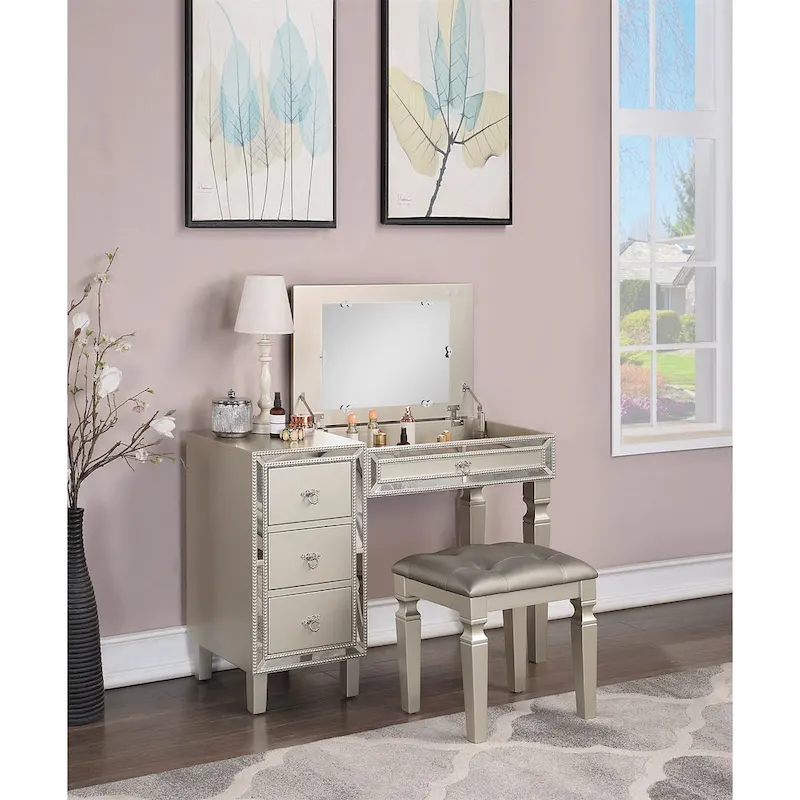 Fabric and Wood Vanity Set with Stool