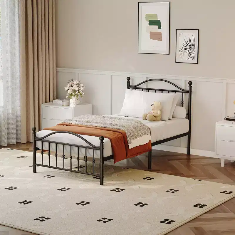 Metal Platform Bed Frame  Vintage Circular Headboard & Footboard, No Box Spring Required, Choose Size, Black