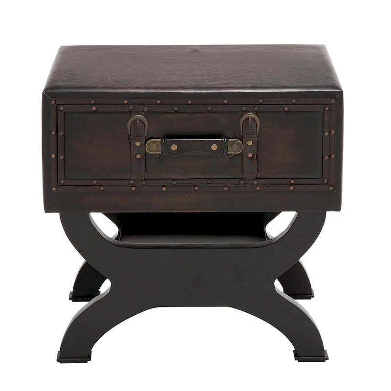 Faux Leather Vintage Style Single Drawer Accent Table with Curved Legs - Brown - Roche River Decor - 16W x 22L x 22H