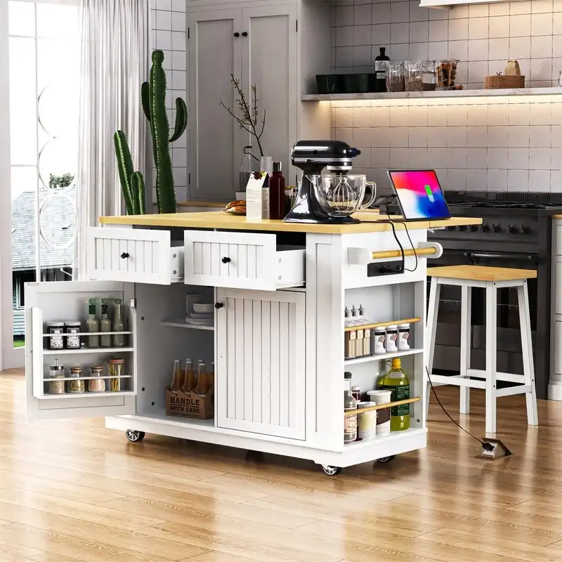 3-Piece/1-Piece Kitchen Island Set with/without 2 Barstools, Rolling Kitchen Storage Cart w/ 2 Drawers, Drop Leaf & 5 Side Racks