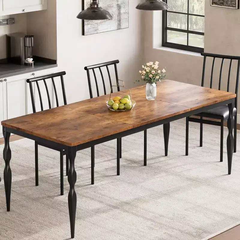 Dining Table for 4-6 People, Industrial Kitchen Table with Wooden Tabletop & Curved Metal Legs, Rectangle Dining Room Furniture(71''x35''x30'')