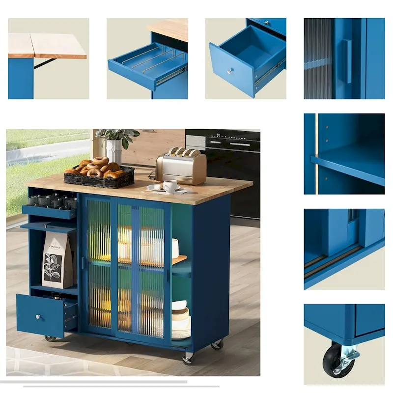 Kitchen Island with Drop Leaf,LED Light Kitchen Cart on Wheels
