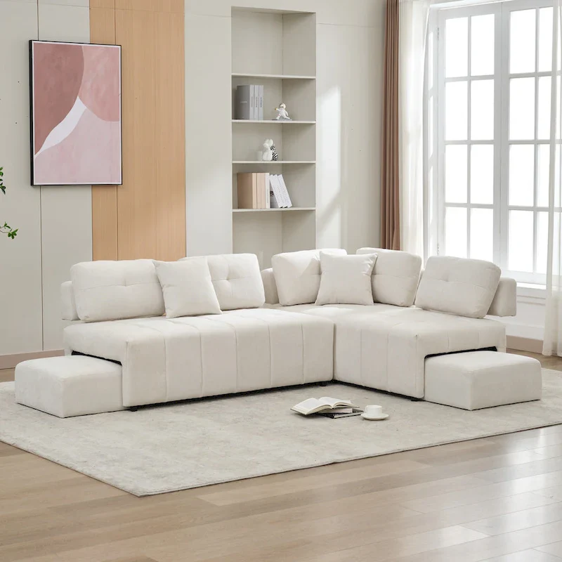 91.73 L-Shaped 4-Seat Sectional Sofa with 2 Hidden Stools, 2 Removable Lumbar Cushions, and Durable Chenille Fabric
