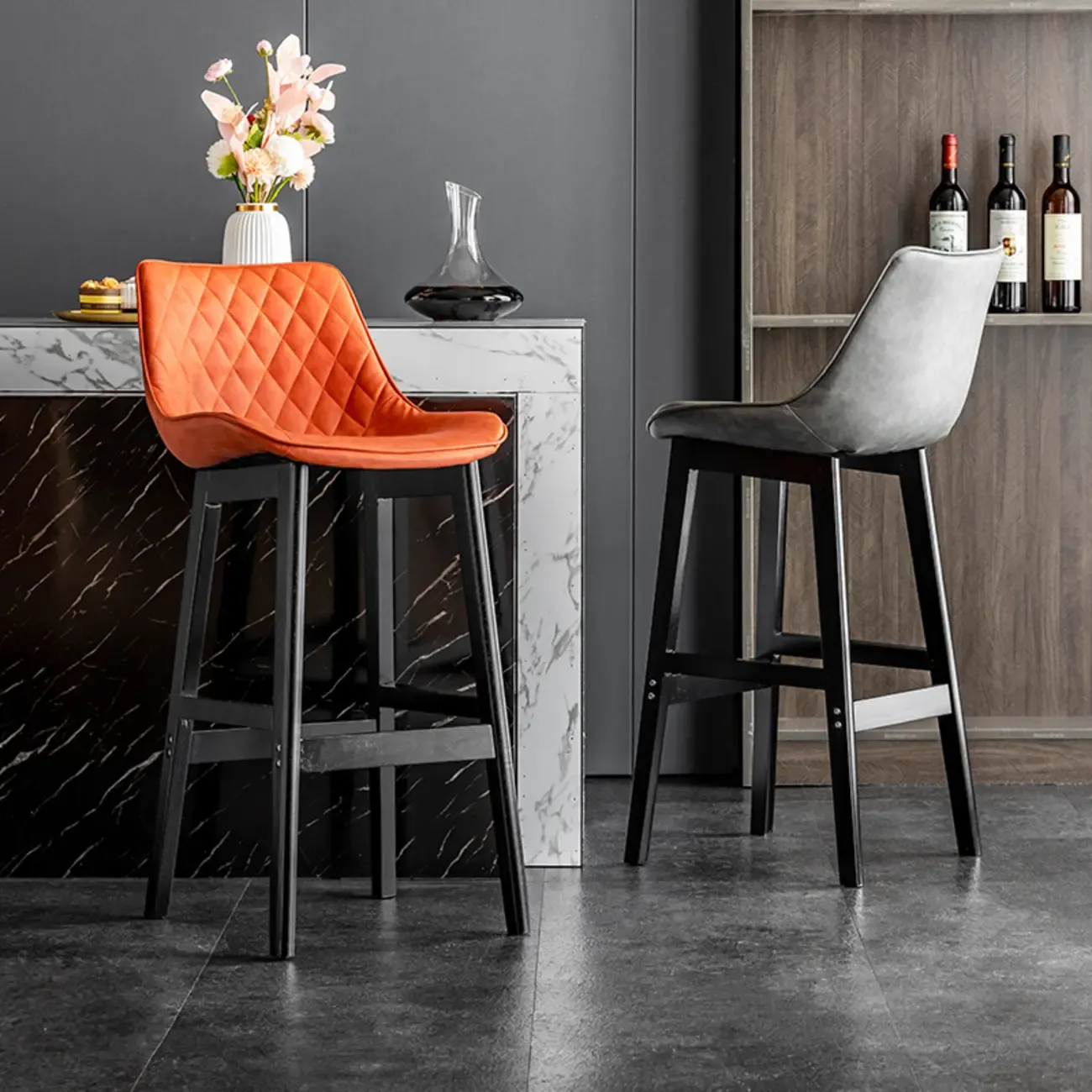 Mid-Century Modern Faux Leather Bar Stools with Wood Legs