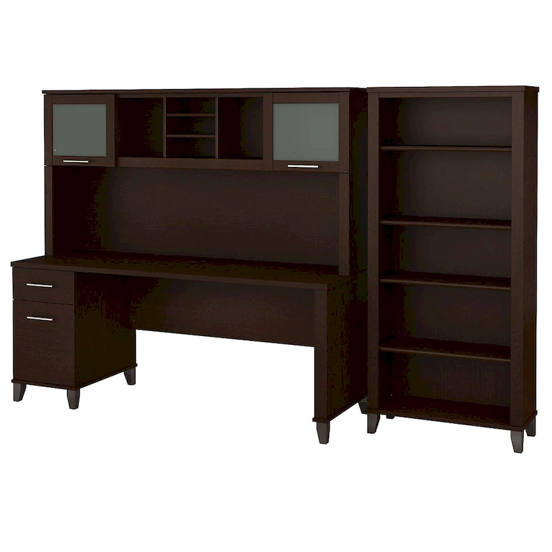 Somerset 72W Office Desk with Hutch and 5 Shelf Bookcase in Ash Gray