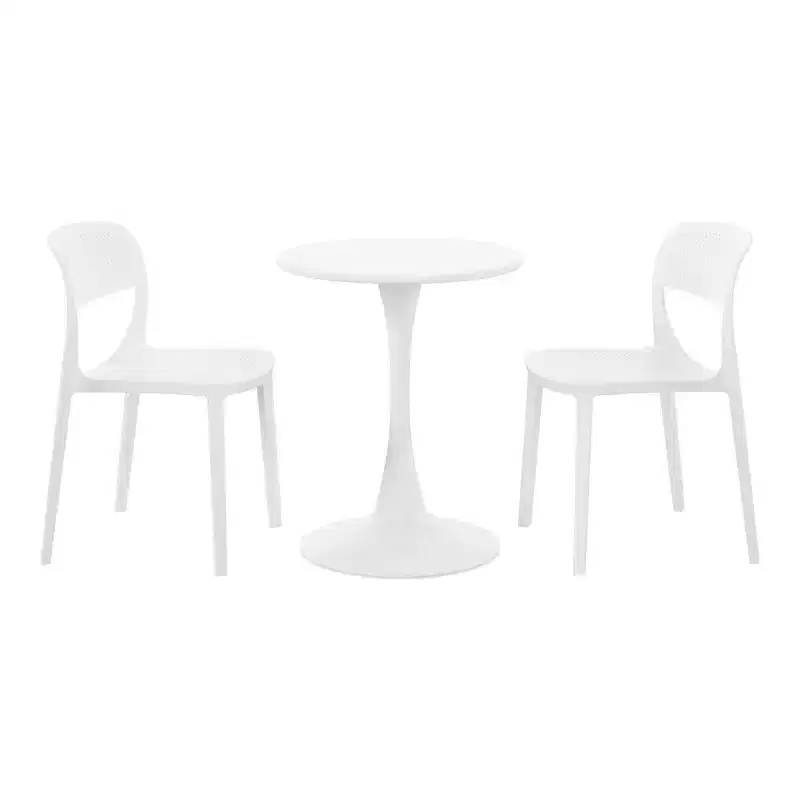 WestinTrends Playa 3-Piece Round Metal Bistro Dining Table Set And Stackable Resin Patio Dining Side Chairs