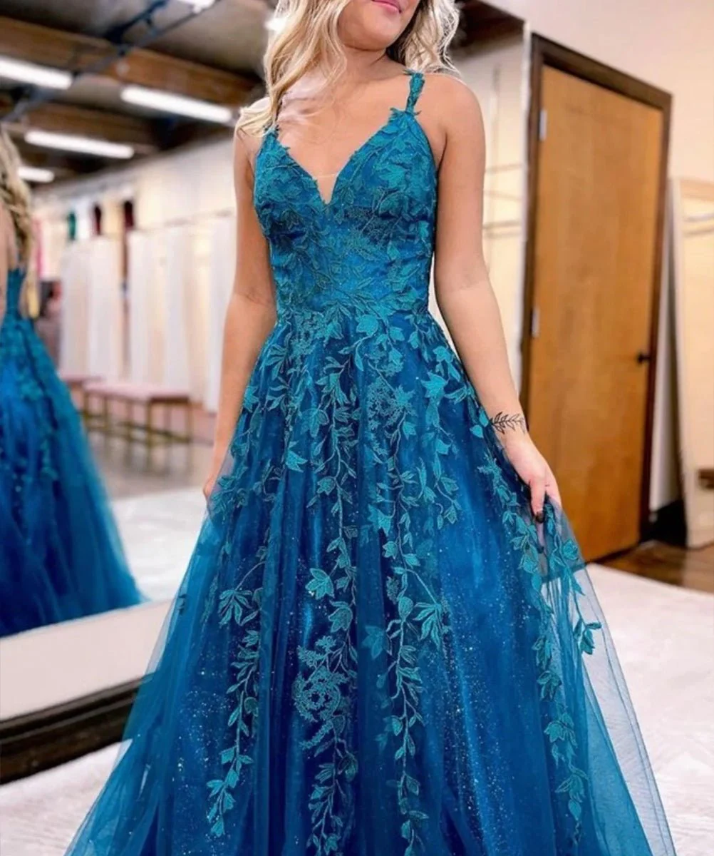 A Line Ink Blue Glitter Tulle Lace Prom Dress