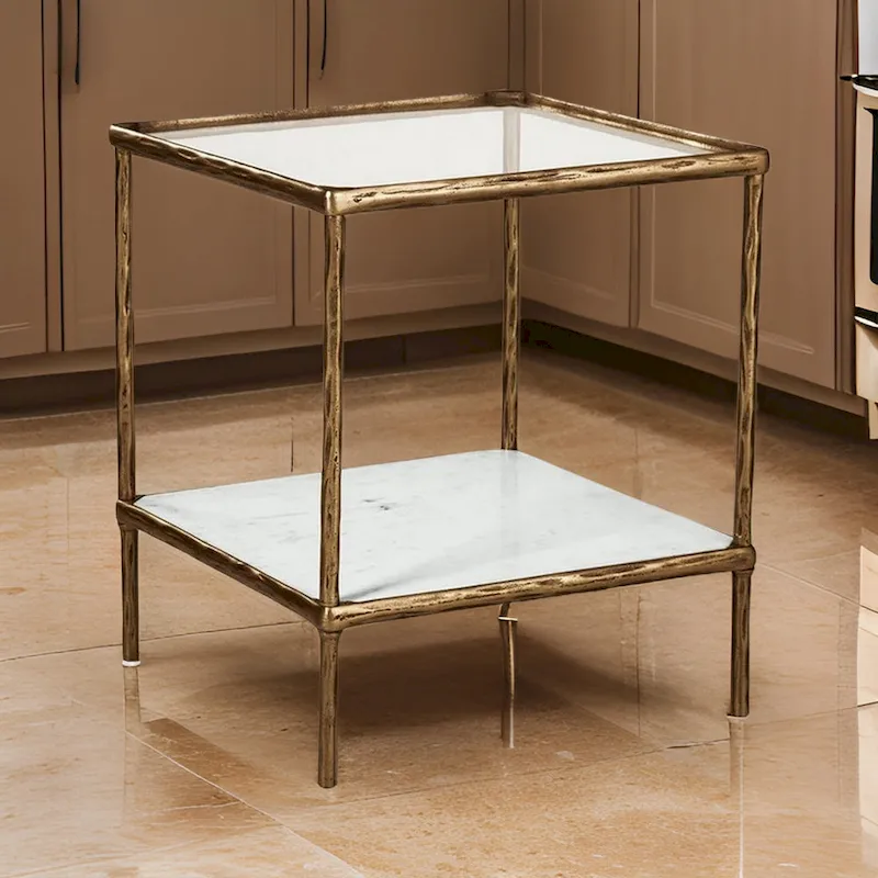 Dalie 25 Inch Accent Table, Square Glass Tabletop, Marble, Antique Gold