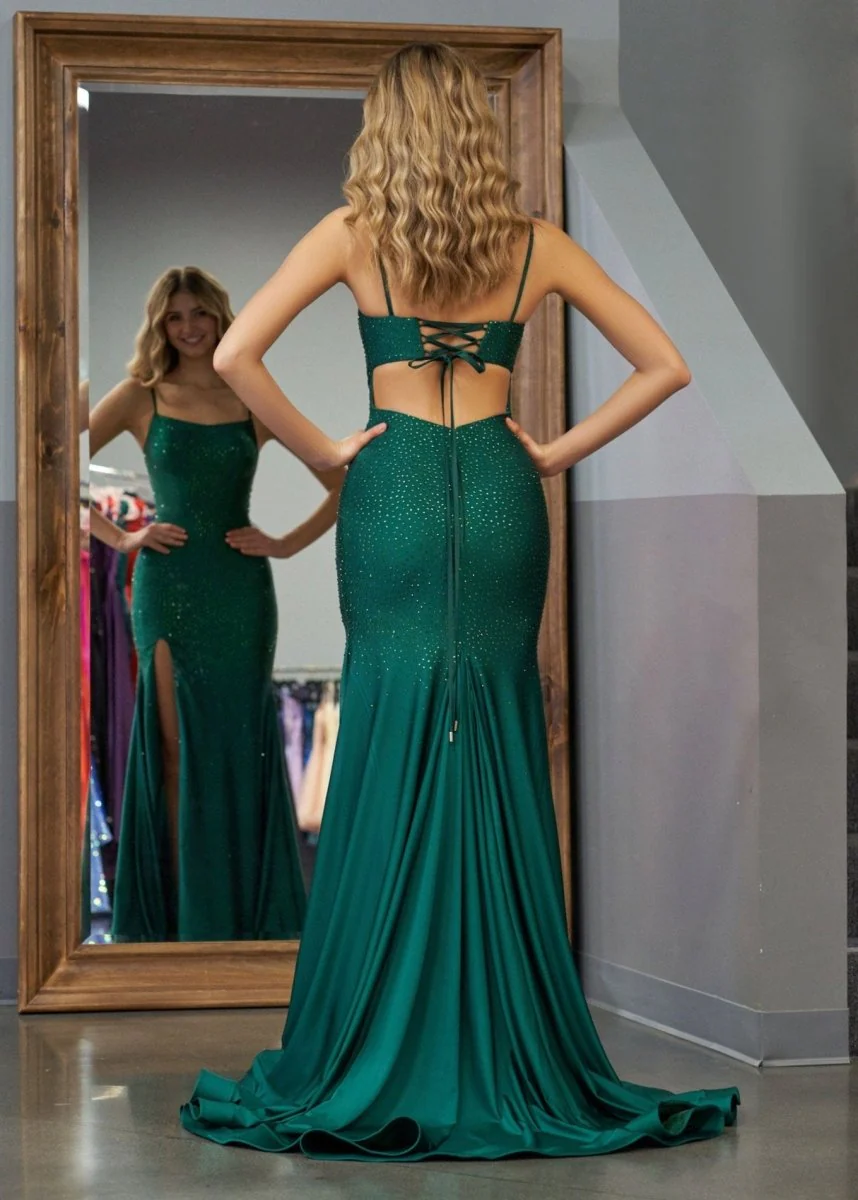 Mermaid Spaghettti Strap Beaded Satin Prom Dress with Slit