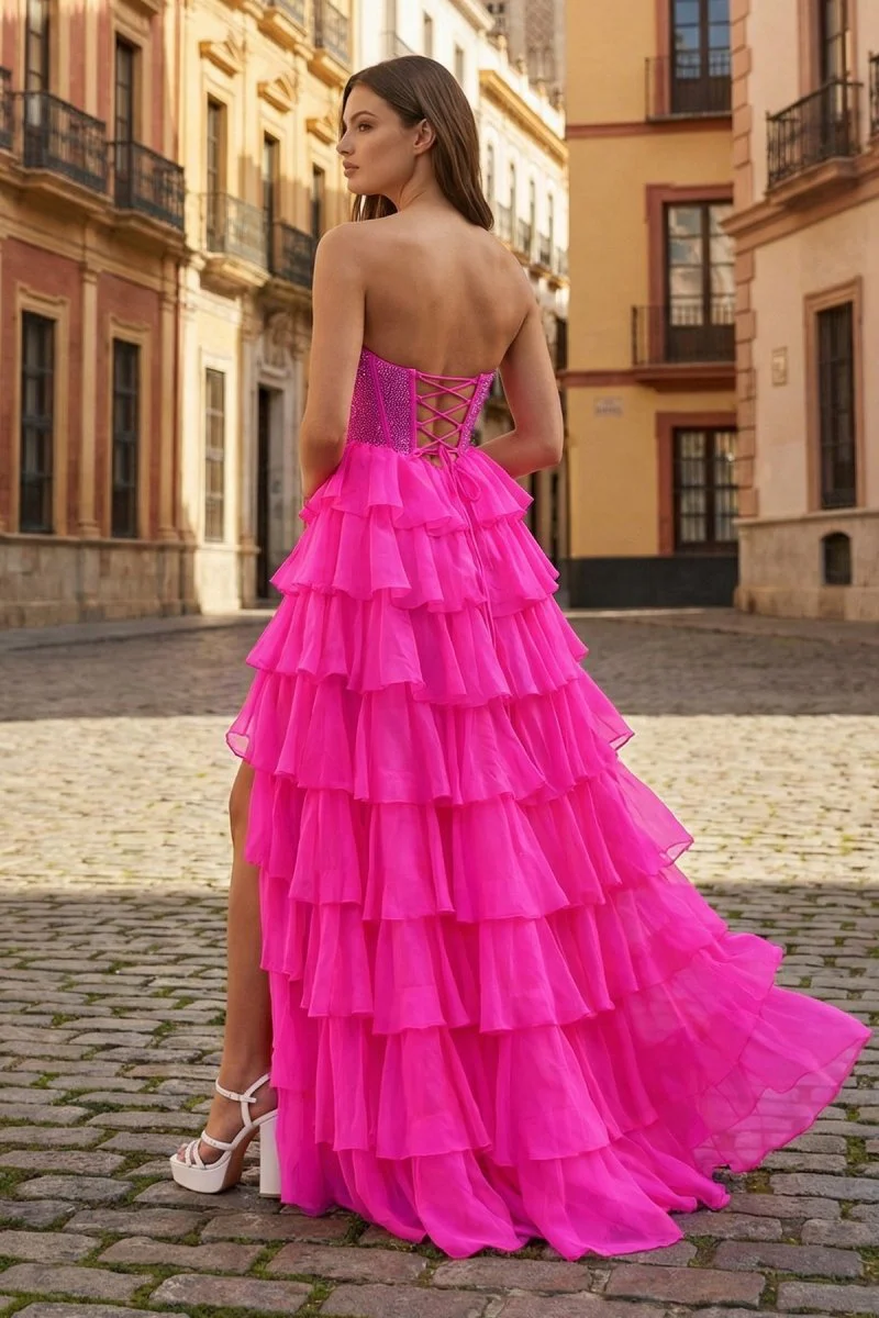 Fuchsia - A Line Strapless Chiffon Beaded Corset Long Prom Dress With Slit