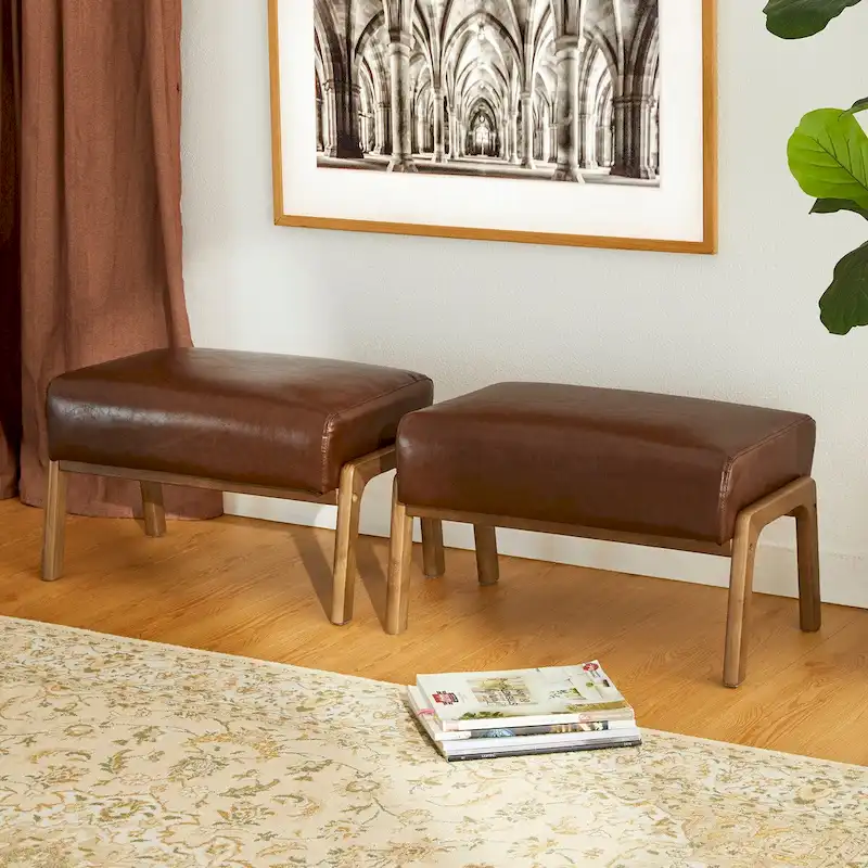 Brown Mid-Century Faux Leather Ottoman Accent Stool, Set of 2