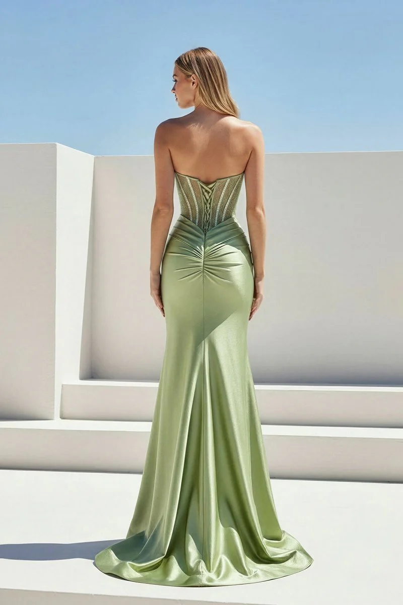Sage Strapless Mermaid Satin Beaded Long Prom Dresses With Slit