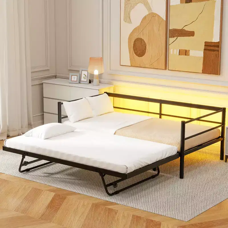 Twin Size Metal Daybed with Adjustable Trundle, Twin Daybed with LED light and Pop Up Trundle