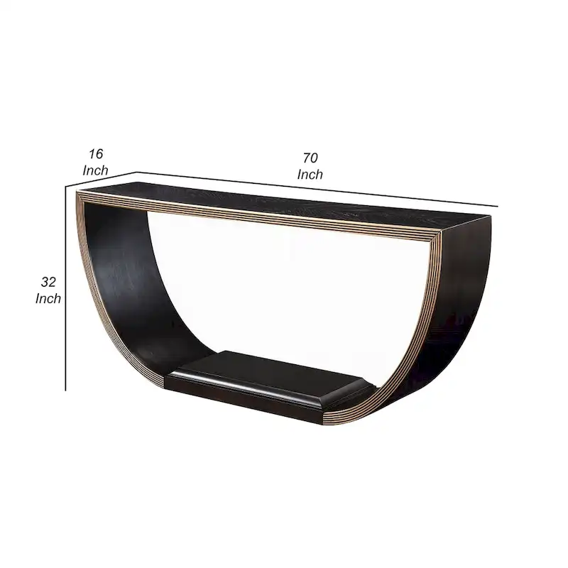 Console Table, Half Moon Wood Frame Black, Gold Finish, 70 Inch