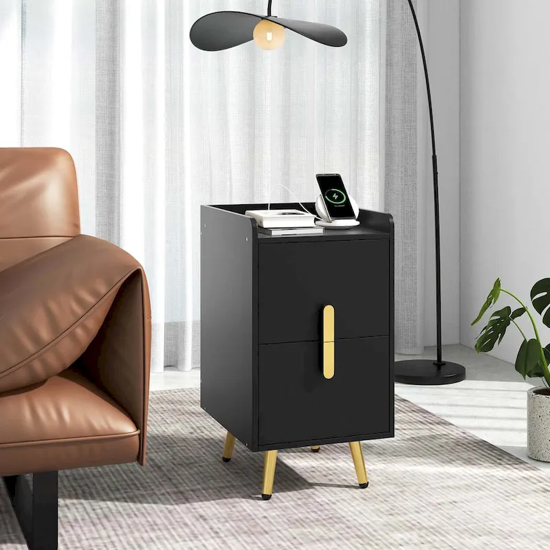 Nightstand with Charging Station, Coffee / White / Black, 2-Drawer Side Table