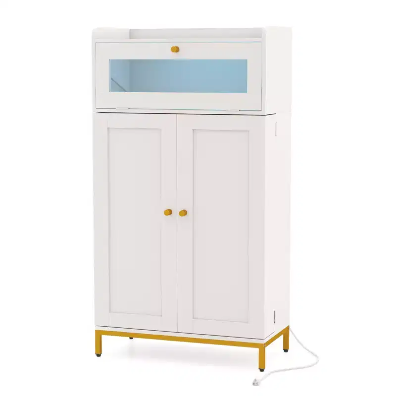 Costway Kitchen Pantry Cabinet Power Outlet & APP Control LED Lights Acrylic Flip Door