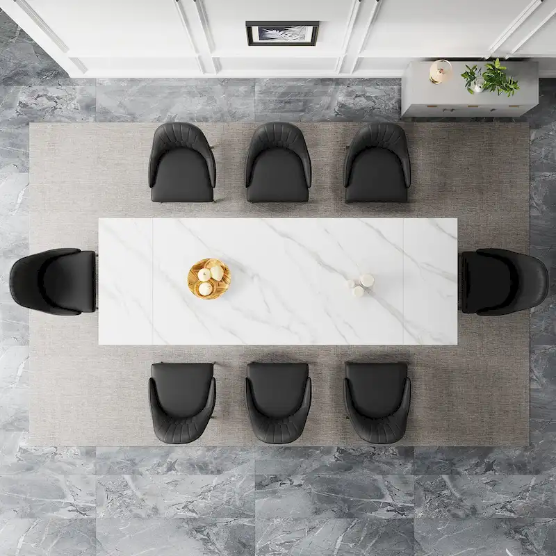 9 - Piece 110.24 Extendable Sintered Stone Dining Table and 8 Leather Chairs Dining Set