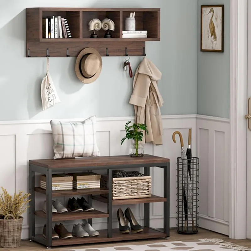 Hall Tree with 7 Hooks, Entryway bench with coat rack