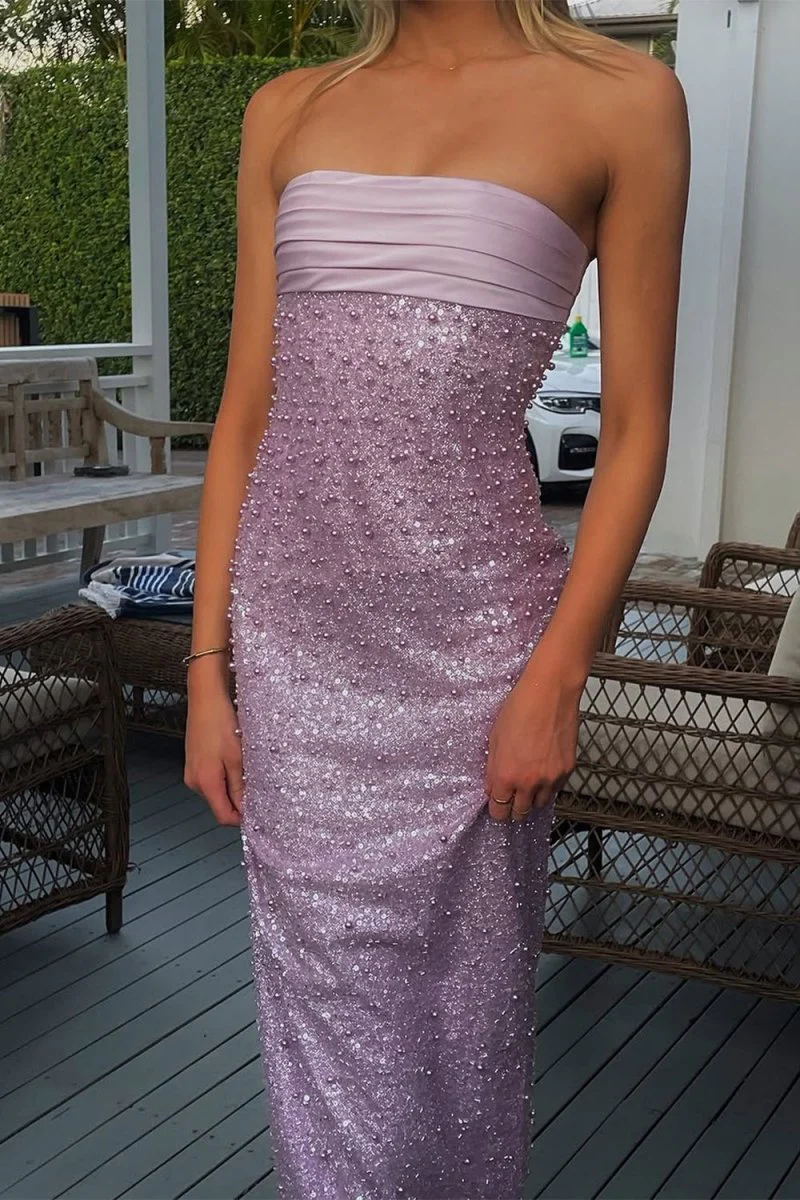 Lilac - Strapless Mermaid Sequined Pleated Long Prom Dresses With Pearls