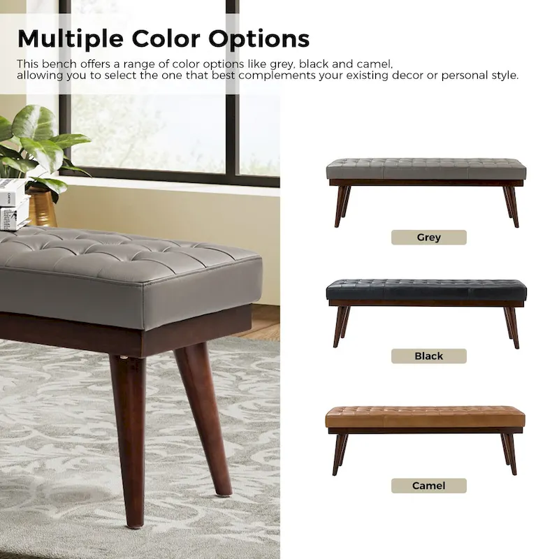 Genuine Leather Tufted Bench with Solid Wood Base