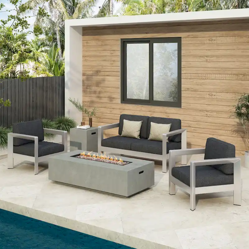 Pismo Outdoor Aluminum Chat Set w/ Fire Pit by Christopher Knight Home