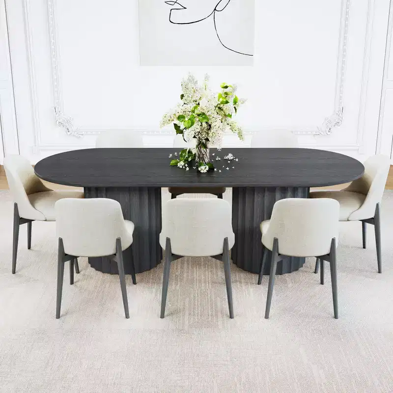 86 inch Cylindrical Double-base Oval Black Dining Table with 8 Dining chairs Suitable for Dining Room / Living Room