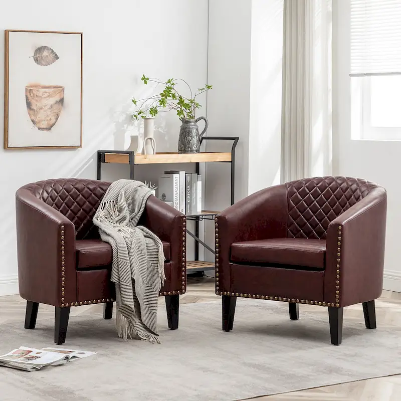 KINWELL 29  PU Faux Leather Club Armchair with Nailheads, Set of 2