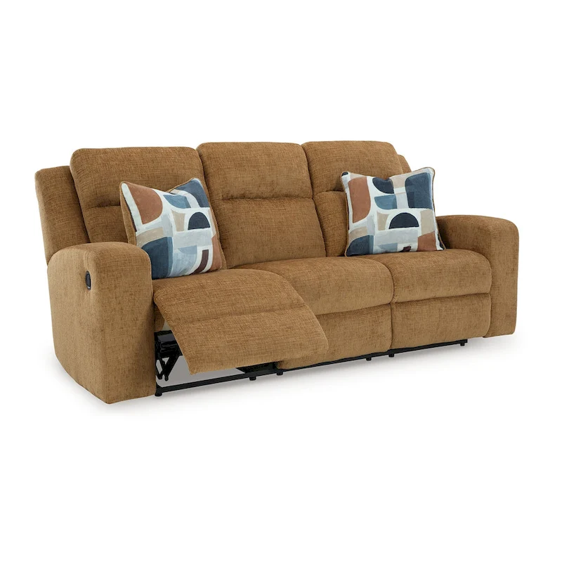 Damon Manual Reclining Sofa, Camel Brown Polyester, 2 Pillows, 86 Inch