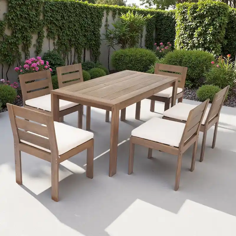 7-Piece Outdoor Patio Acacia Wood Dining Set with Rectangular Table and 6 Cushioned Chairs