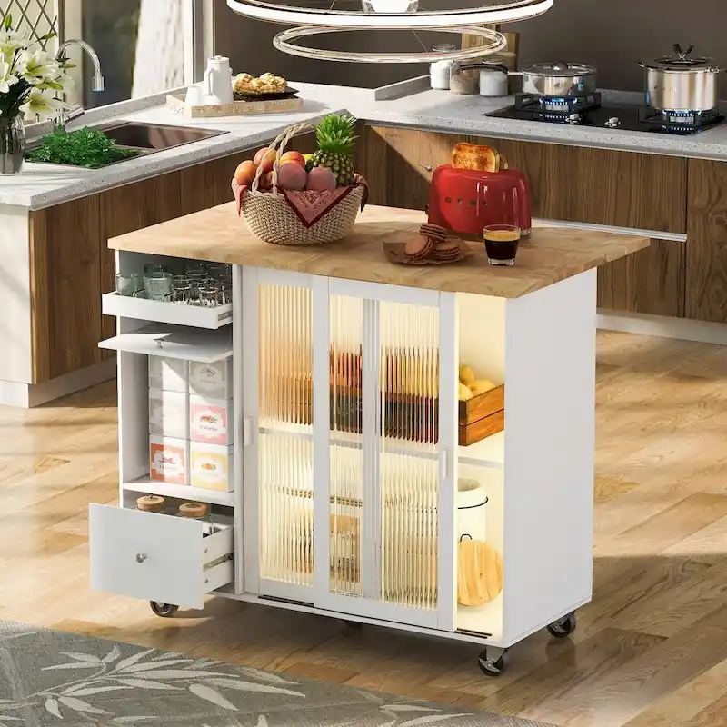 Kitchen Island Cart with Drop-Leaf Surface, LED Lighting, Fluted Glass Doors, Adjustable Shelf, and Two Drawers