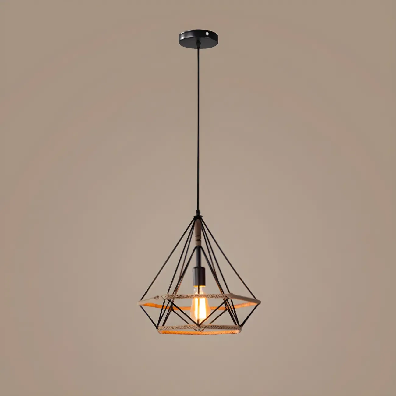 Industrial Rattan Black Metal Hemp Rope Pendant Light