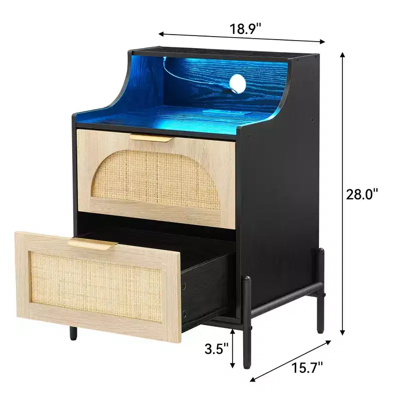 2 Pack Wooden Rattan Nightstand, Charging Station & LED Lights, USB Ports/Outlets, 3 Rattan Drawers, Black for Bedroom