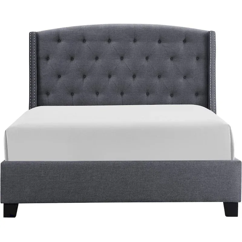 Elle King Size Bed, Low Profile, Button Tufted Upholstered Headboard, Gray
