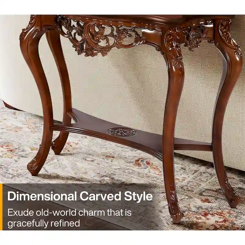 Walnut Two-Tier Carved Console Table with Lower Shelf