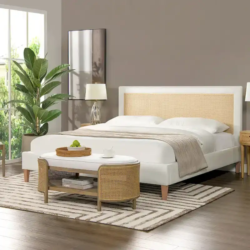 Haley Upholstered Rattan Cane-Back Platform Bed