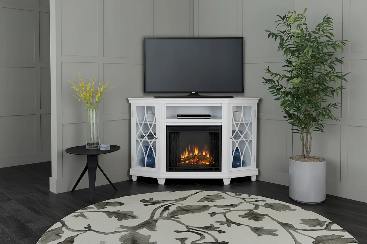56 Inch TV Stand with Electric Fireplace, Corner Design, White