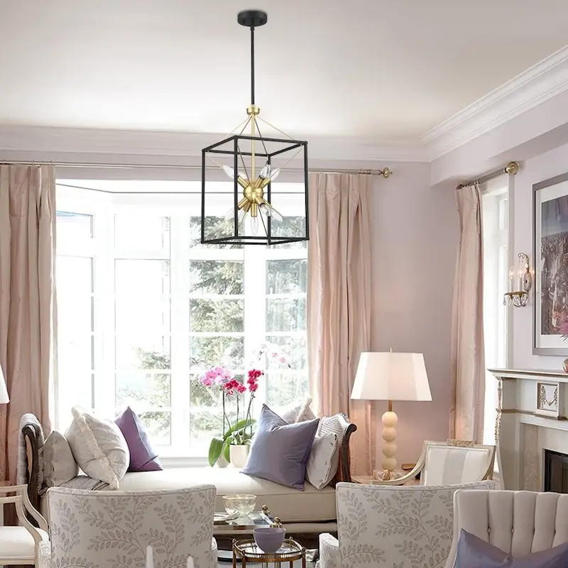 12.2 in. 9-Light Modern Rectangle Lantern Pendant Light with Matte Black finish and Gold Accents