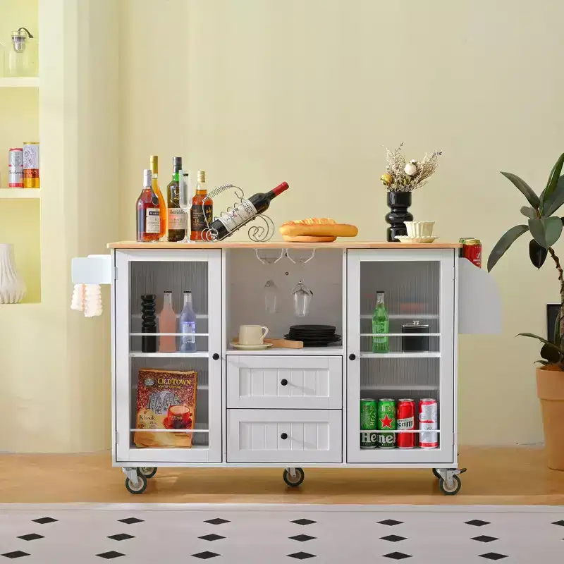 Portable Mobile Kitchen Island with Storage, 50 W Rolling Wood Kitchen Island Cart with Drop Leaf &Lockable Wheels &Drawers & Spice Rack &Towel Rack
