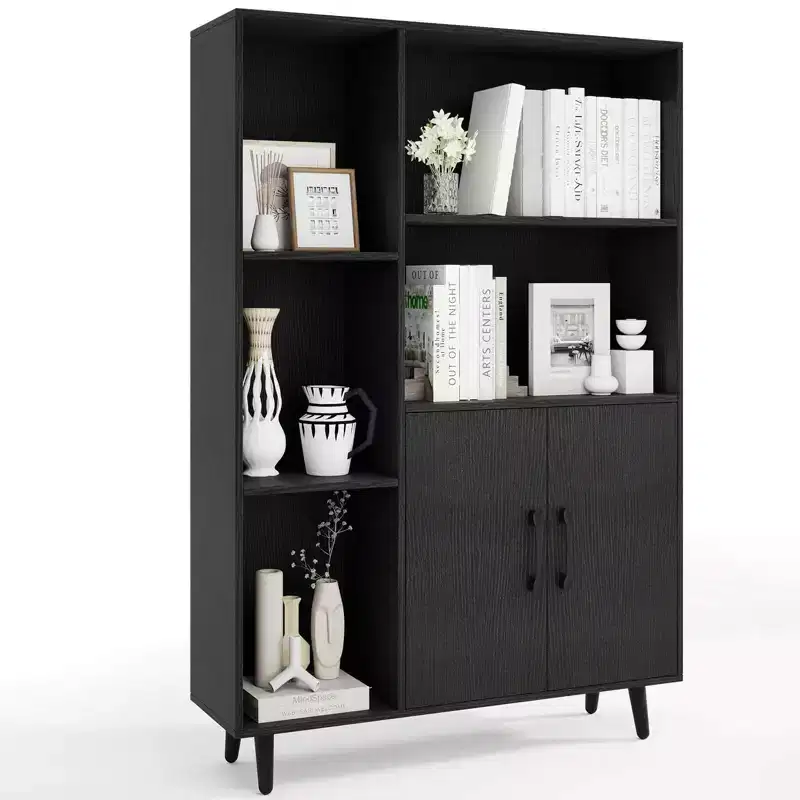 Costway Free Standing Storage Cabinet with 5 Open Shelves Double Door Cabinet Metal Legs Black/White