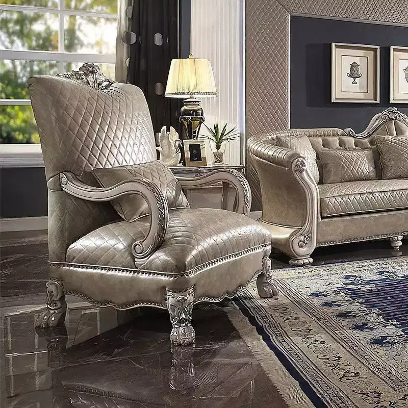 34" Dresden PU Accent Chair Vintage Bone White - Acme Furniture: Hand-Crafted, Tufted, Polyresin Frame