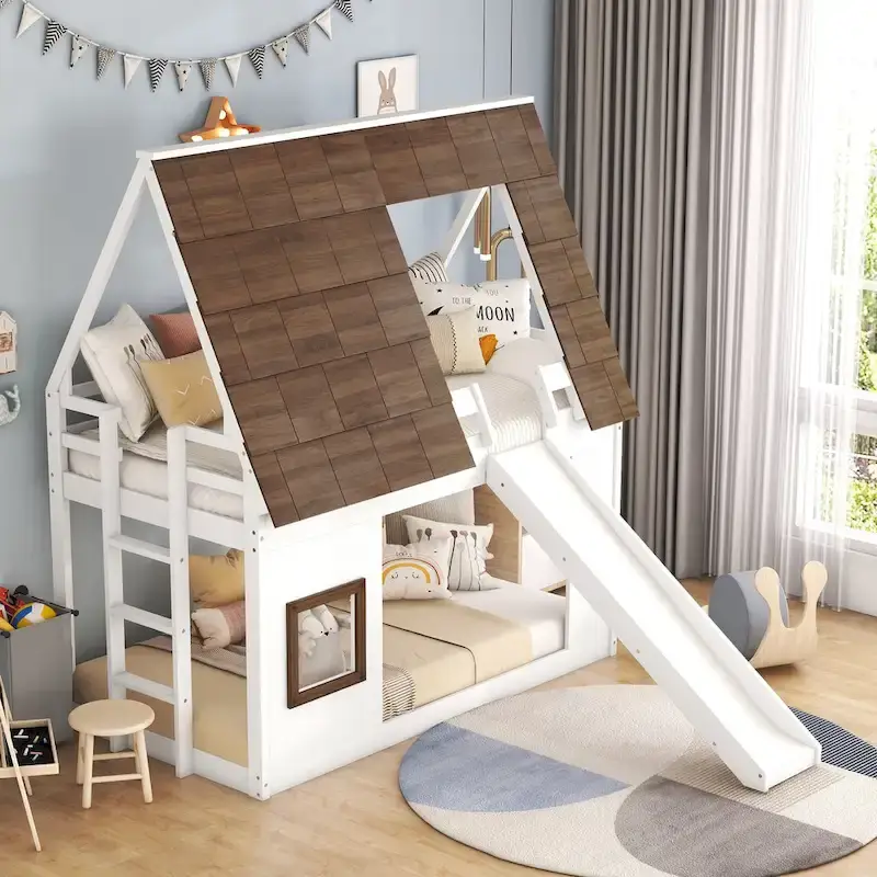 Twin Size House Bunk Bed with Roof, Ladder and Slide – White/Brown