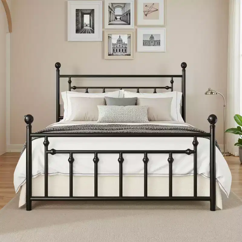 Elegant 14 Inch Metal Bed Frame with Vintage Headboard & Footboard, No Box Spring, Underbed Storage, Quiet & Easy Assembly