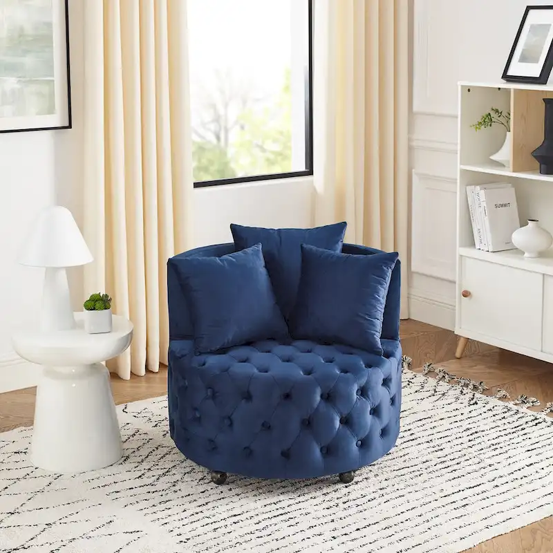 Living Room Velvet Swivel Chair with Button Tufted Design, 3 Pillows & Movable Wheels
