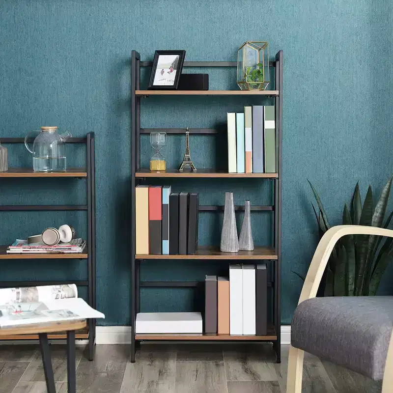 VASAGLE Industrial Bookshelf Folding Bookcase 4-Tier Ladder Shelf Wood Look Accent Furniture with Metal Frame Rustic Brown
