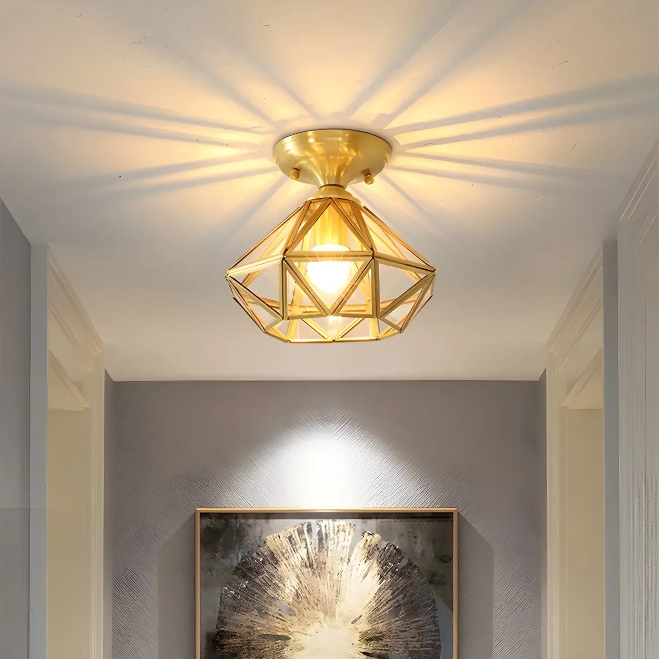 Geometric Gold Semi Flush Ceiling Light for Hallway Lighting