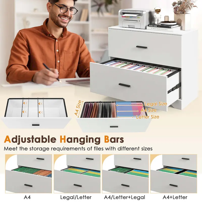 2 Drawer Lateral File Cabinet Printer Stand with Adjustable Bars